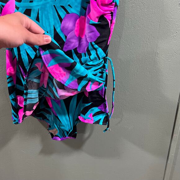 Vintage Tropical Paradise One Piece Swimsuit Floral Print Size L - Picture 2 of 6